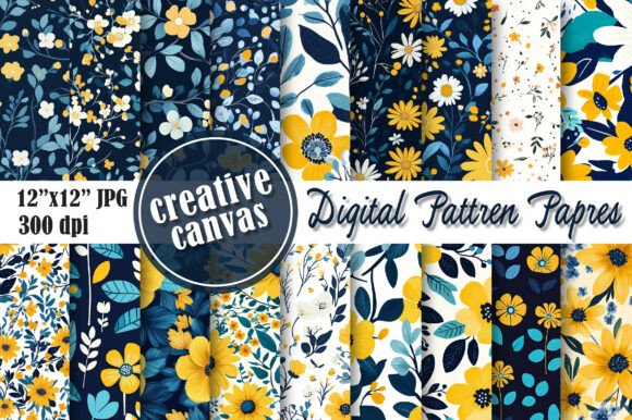 Download Yellow Blue Floral Digital Paper Bundle - Floral Collection