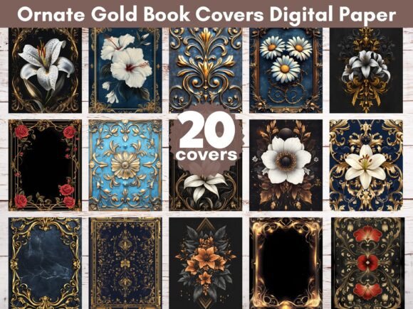 Download Ornate Gold Book Covers Digital Paper - Ornate Collection